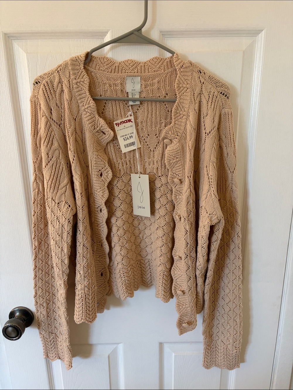 Joie Blush Beige Open-Front Scalloped Knit Cardigan